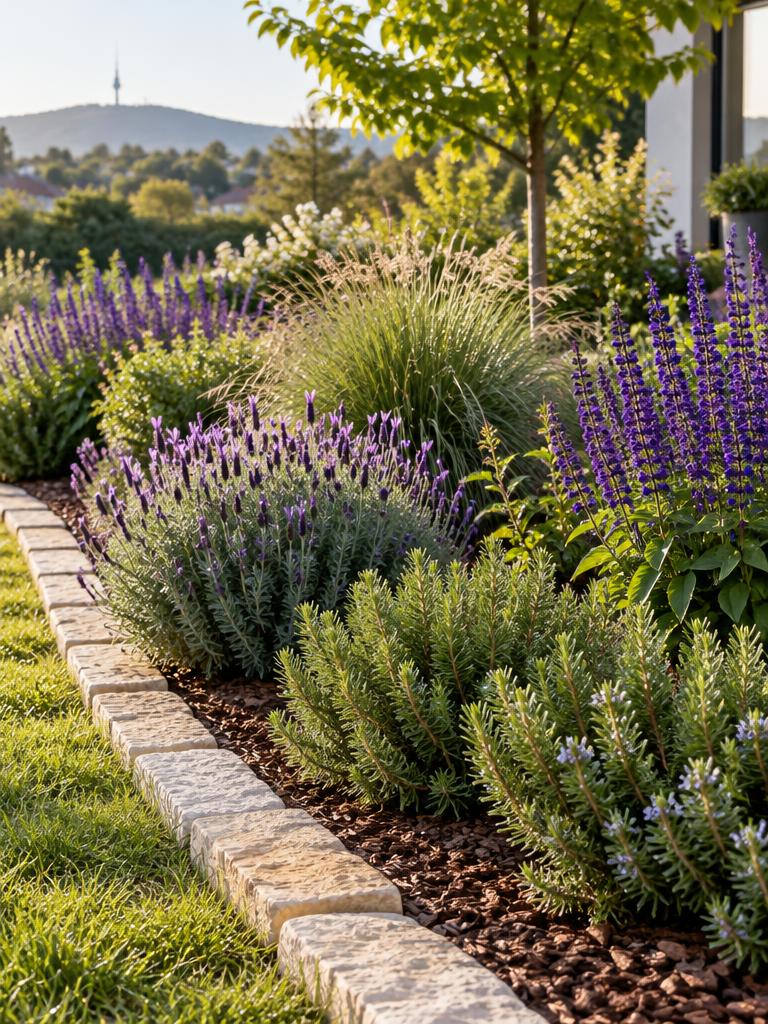 Flowering garden border with lavender, salvia, rosemary and ornamental grasses planted in bark mulch