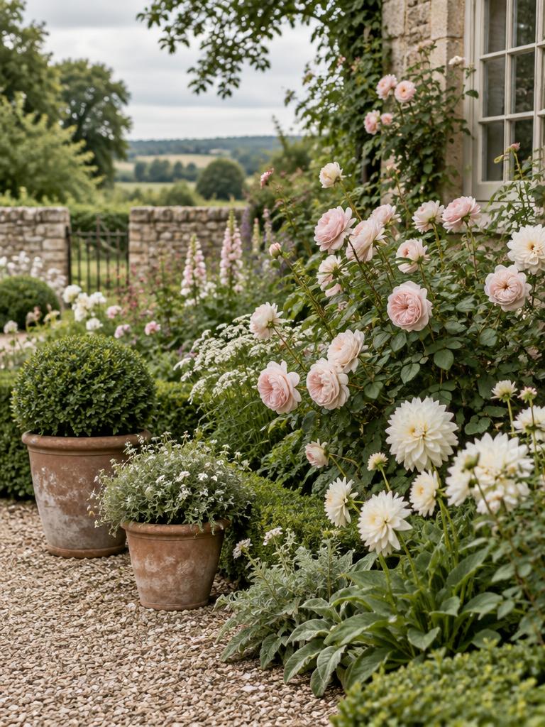 Cottage garden bed with pale pink roses and white dahlias beside terracotta pots on a gravel path