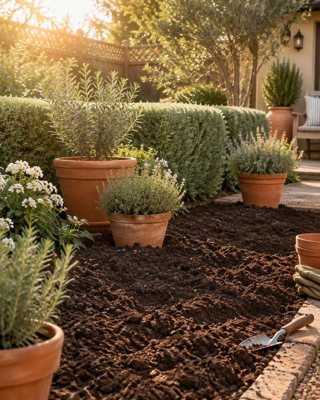 Freshly turned garden bed with terracotta pots and trimmed sage hedges in warm morning light